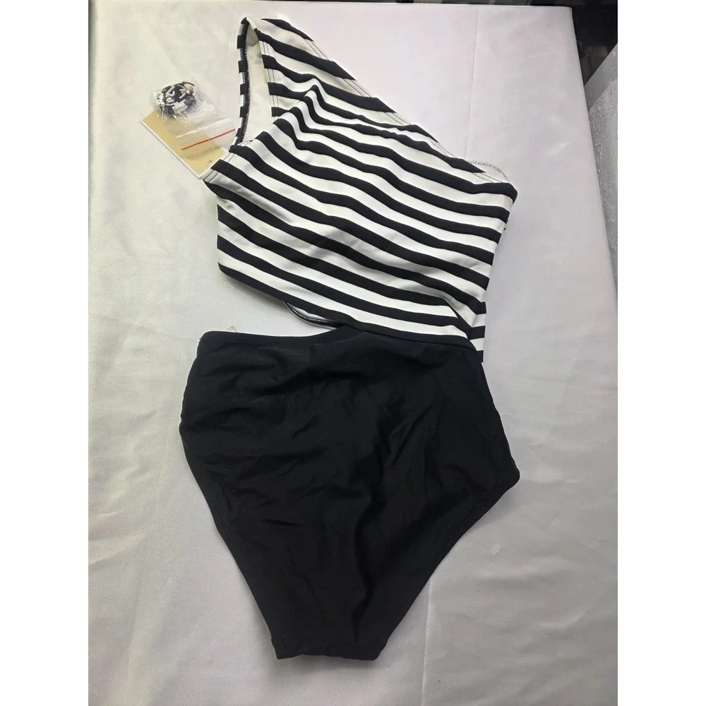 Michael Kors One Piece Swimsuit Cut Out Black‎ White Stripe Zip Size 6 NWT